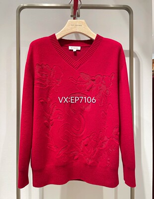 红色羊毛羊绒V领宽松套头针织衫毛衣 EGKPG9530A-2999