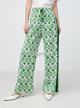 春夏款绿色弹力真丝几何印花抽绳松紧腰直筒裤子 EGKES6429C-3599