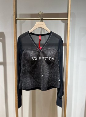 秋冬款高端系列黑色V领璀璨礼服衬衫上衣 EPIIA2116A-5999