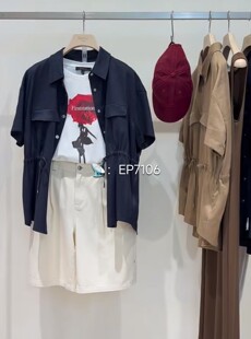 大雅家春夏款藏青色衬衫式工装风亚麻短袖外套 HFLEH1227A-2899