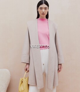 大雅家秋冬款卡其色经典连帽无扣羊绒大衣外套 HFJAG8206A-35999