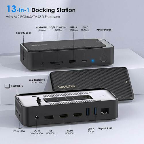 WAVLINK千兆RJ45带10Gbps M2 PCIe/SATA SSD外壳13合1USB C集线器
