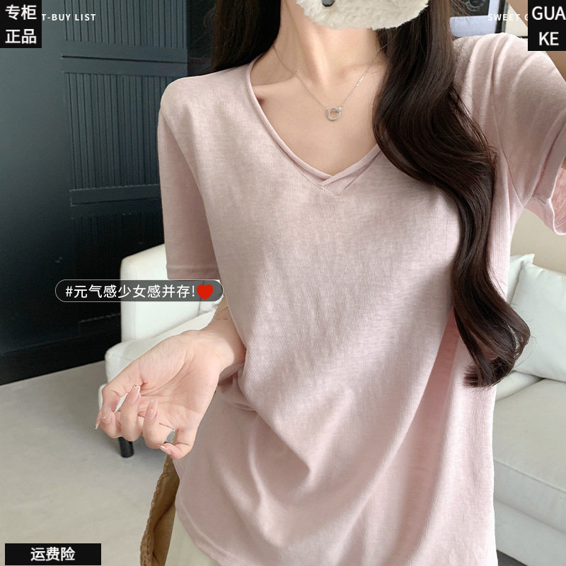 宽松V领短袖T恤女6534