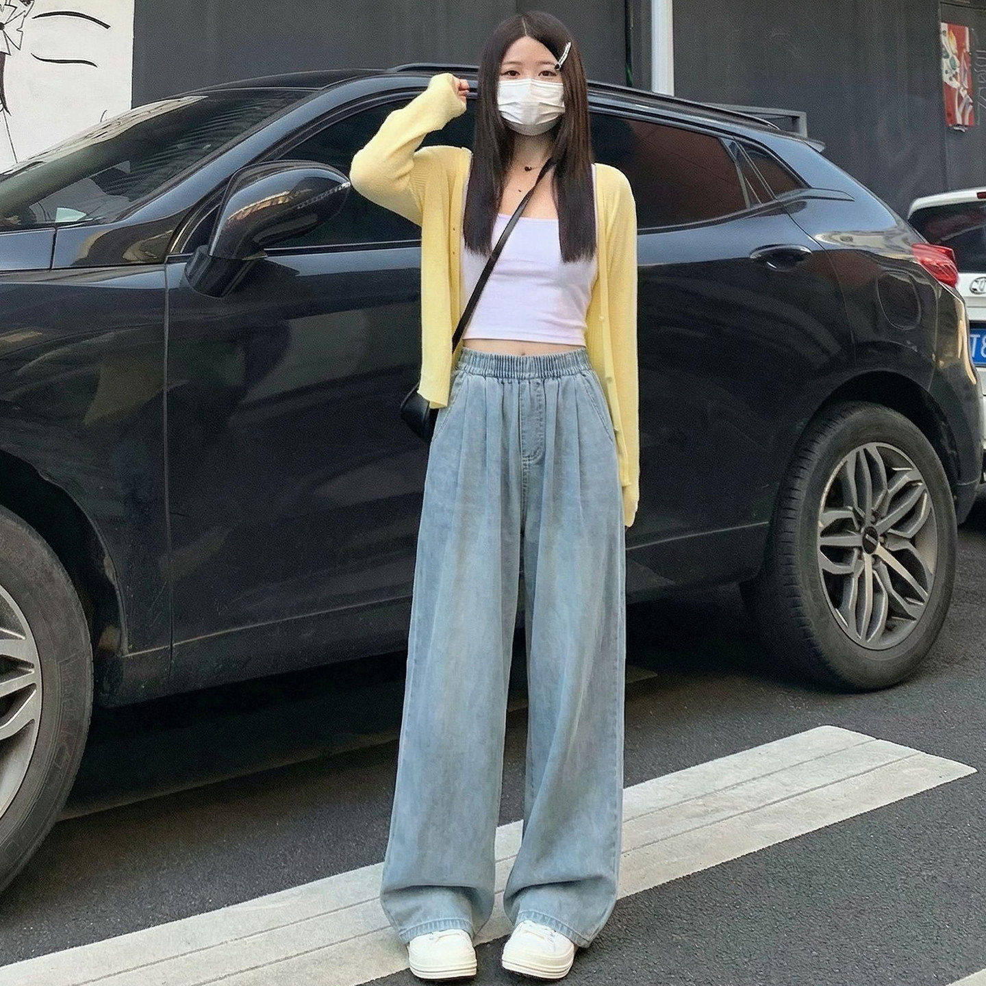 浅色直筒牛仔裤女2026新款大码胖mm松紧高腰显瘦春秋宽松阔腿裤子