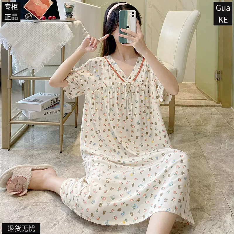新款睡裙夏季夏天全人棉绸短袖长款裙子宽松V领甜美气质学院风格