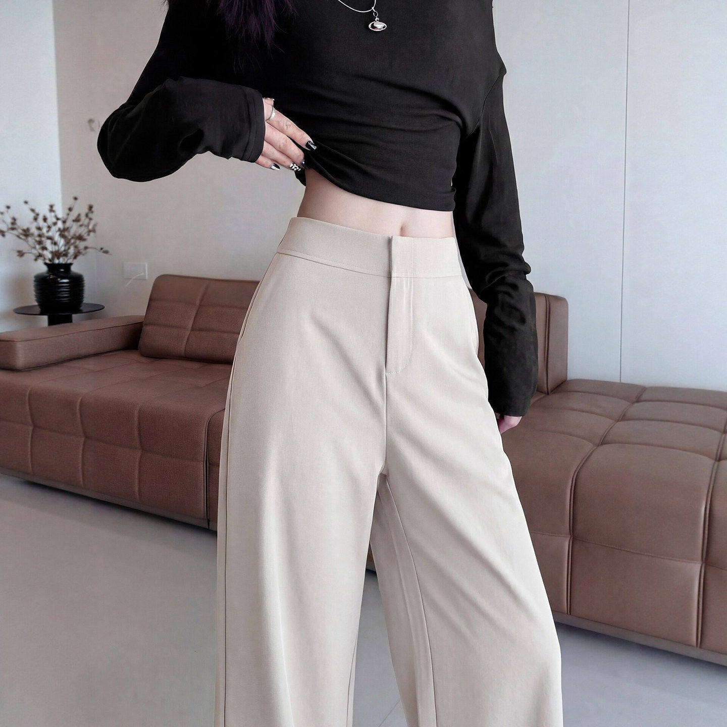 窄版直筒西装裤女2026新款春秋高级感垂感西裤小个子老钱风阔腿裤