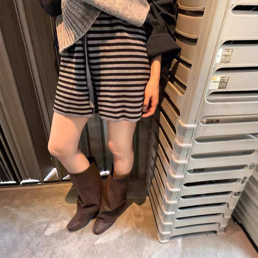 春季针织短裤女松紧腰休闲韩版阔腿裤条纹宽松显瘦A字靴裤潮