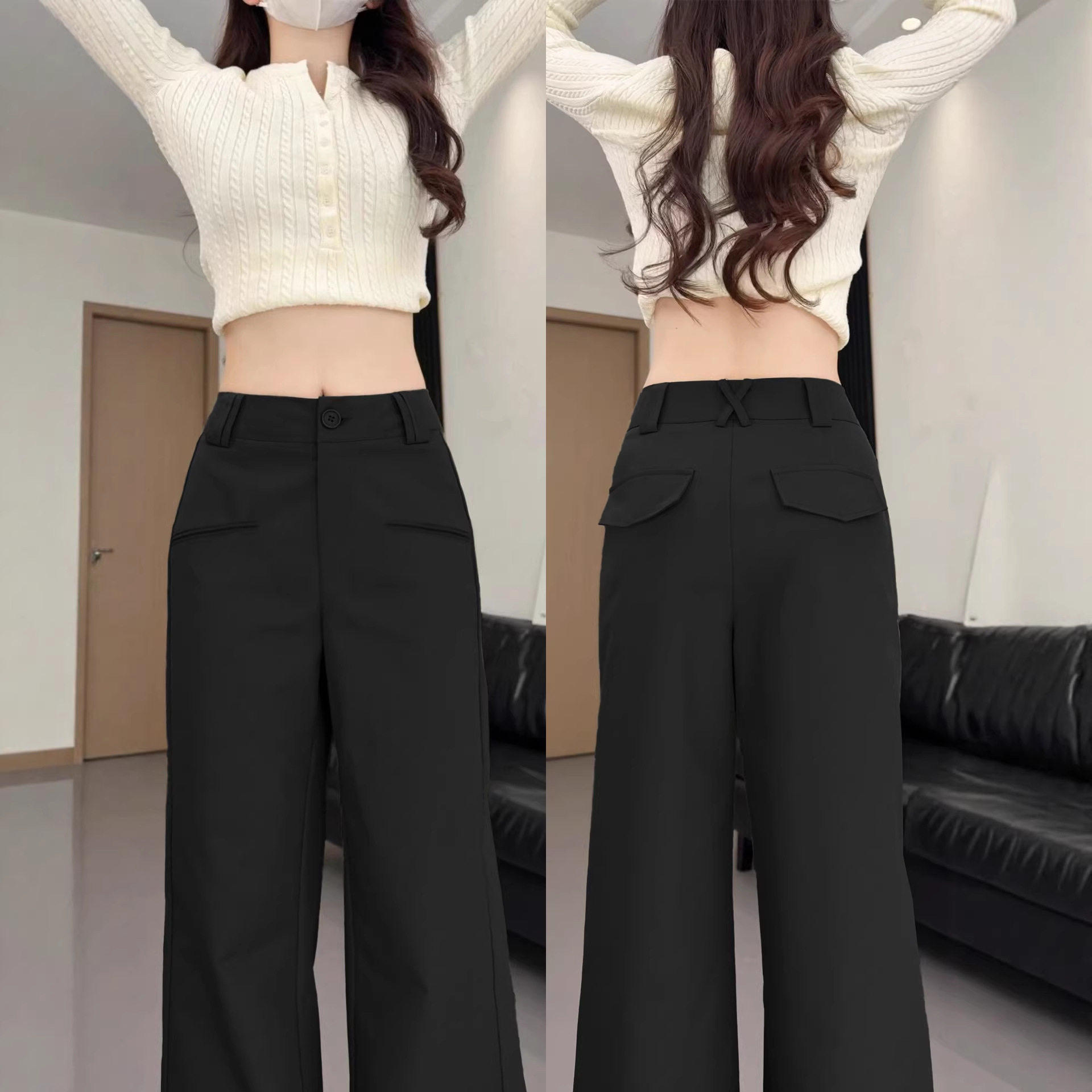 黑色西装阔腿裤女春2026新款高级感垂感小个子窄版直筒老钱风裤子