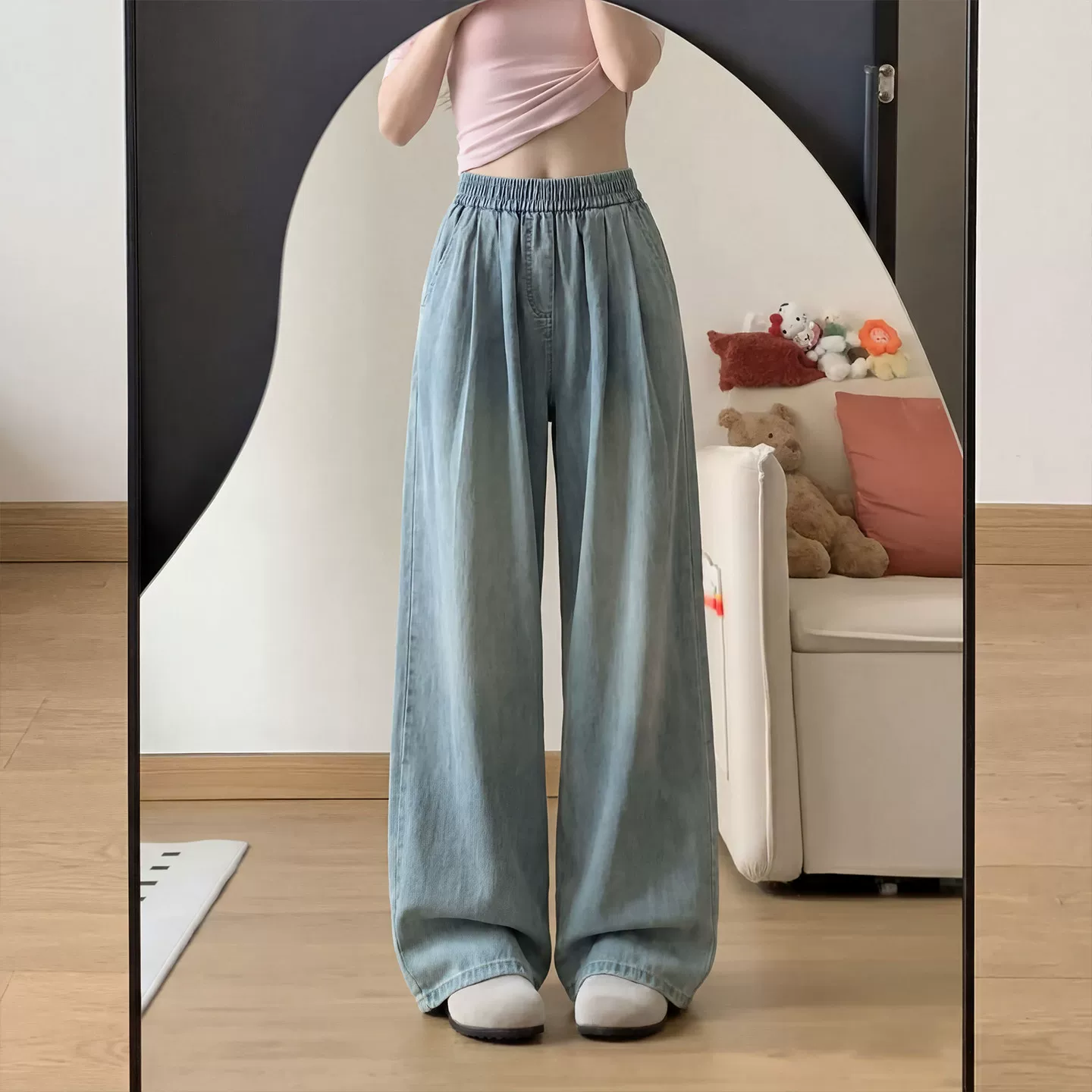 天丝牛仔裤女夏季薄款休闲直筒宽松窄版小个子松紧腰冰丝阔腿裤子