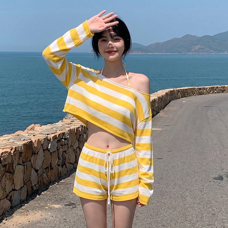 泳衣女夏季纯欲少女黄色条纹分体比基尼防晒长袖罩衫海边度假温泉