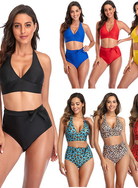 跨境泳衣多色性感纯色高腰分体泳衣bikin比基尼 欧美大码泳装女