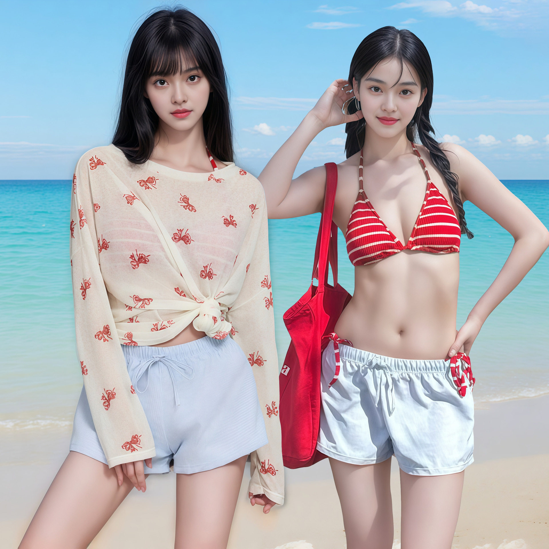 2025新款泳衣女比基尼分体红色条纹显白性感长袖罩衫防嗮度假温泉