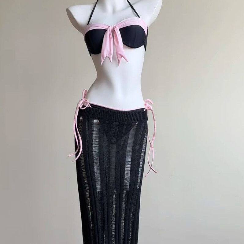 性感度假风比基尼女分体式绑带钢托胸垫黑白比基尼套装