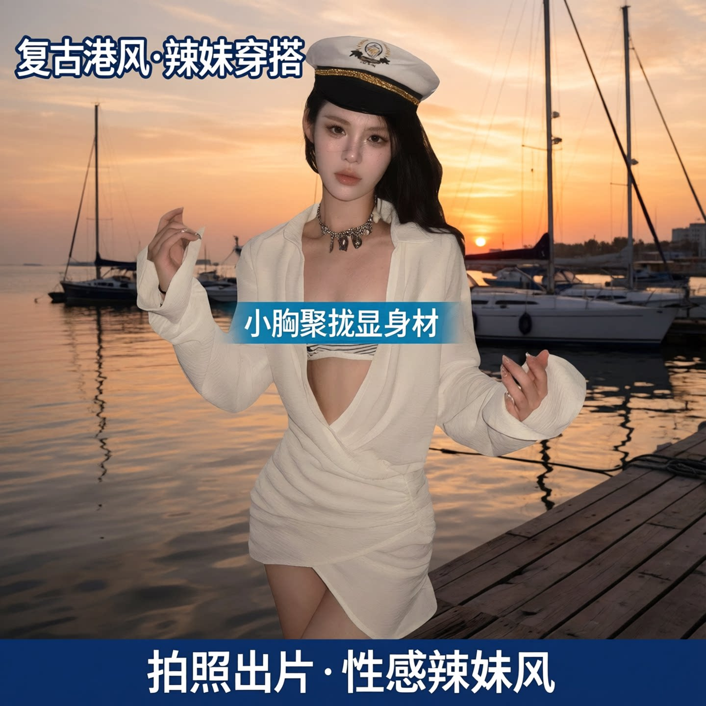 度假风白色条纹比基尼女分体式三角比基尼带胸垫海边沙滩