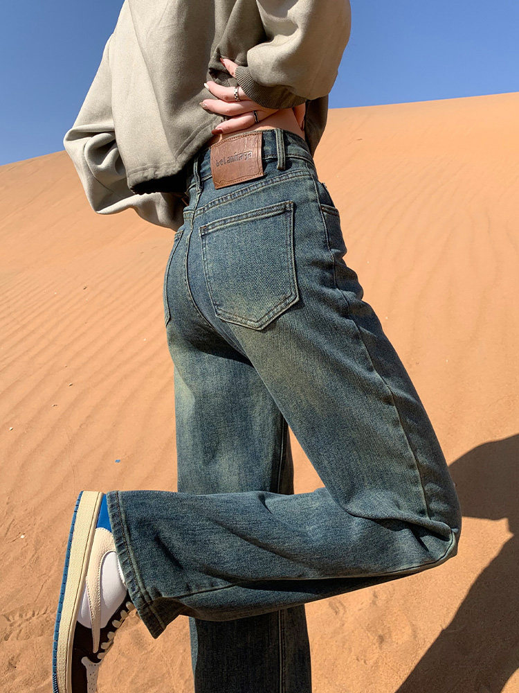 STRAIGHT FLEECE JEANS WOMENS AUTUMN WINTER 2024 NEW LOOSE SMALL MAN NARROW HIGH WAIST WIDE-LEG PANTS WOMEN