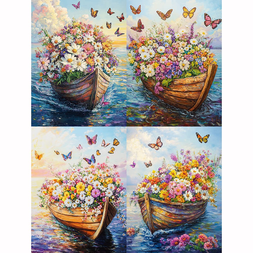 带框钻石画蓝海木船鲜花钻石绣diy卡通马赛克粘贴画学生手工作业