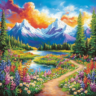 带框钻石画雪山花草湖泊diy卡通马赛克拼图粘贴画手工满钻相框