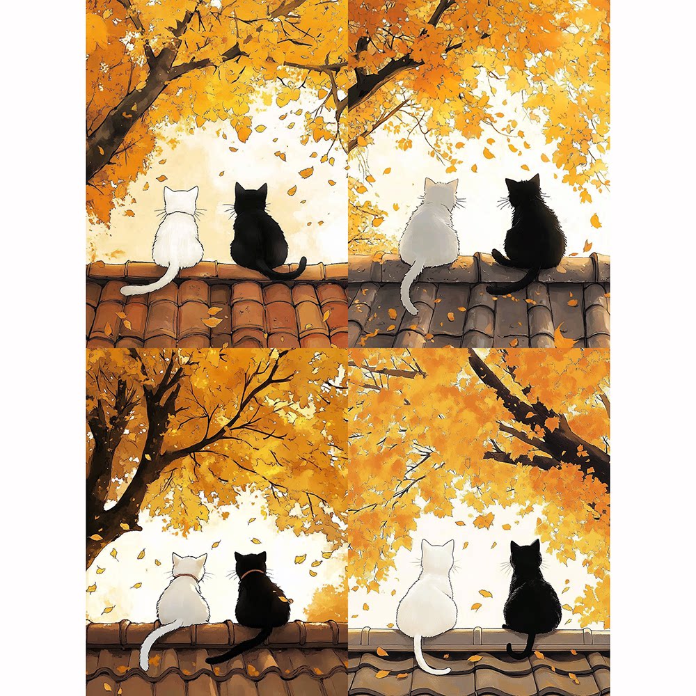 带框钻石画秋叶黑猫白猫钻石绣diy卡通马赛克粘贴画学生手工作业