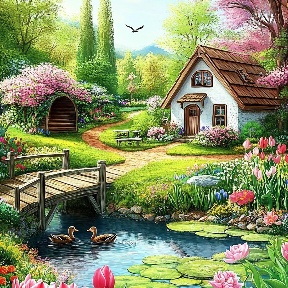 带框钻石画星荷花杨柳池塘小屋diy钻石绣卡通马赛克拼图粘贴画