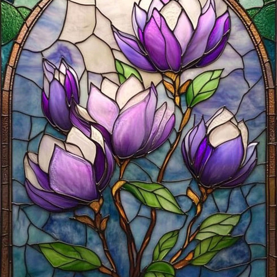 带框钻石画紫色木兰花diy钻石绣卡通马赛克拼图粘贴画相框画