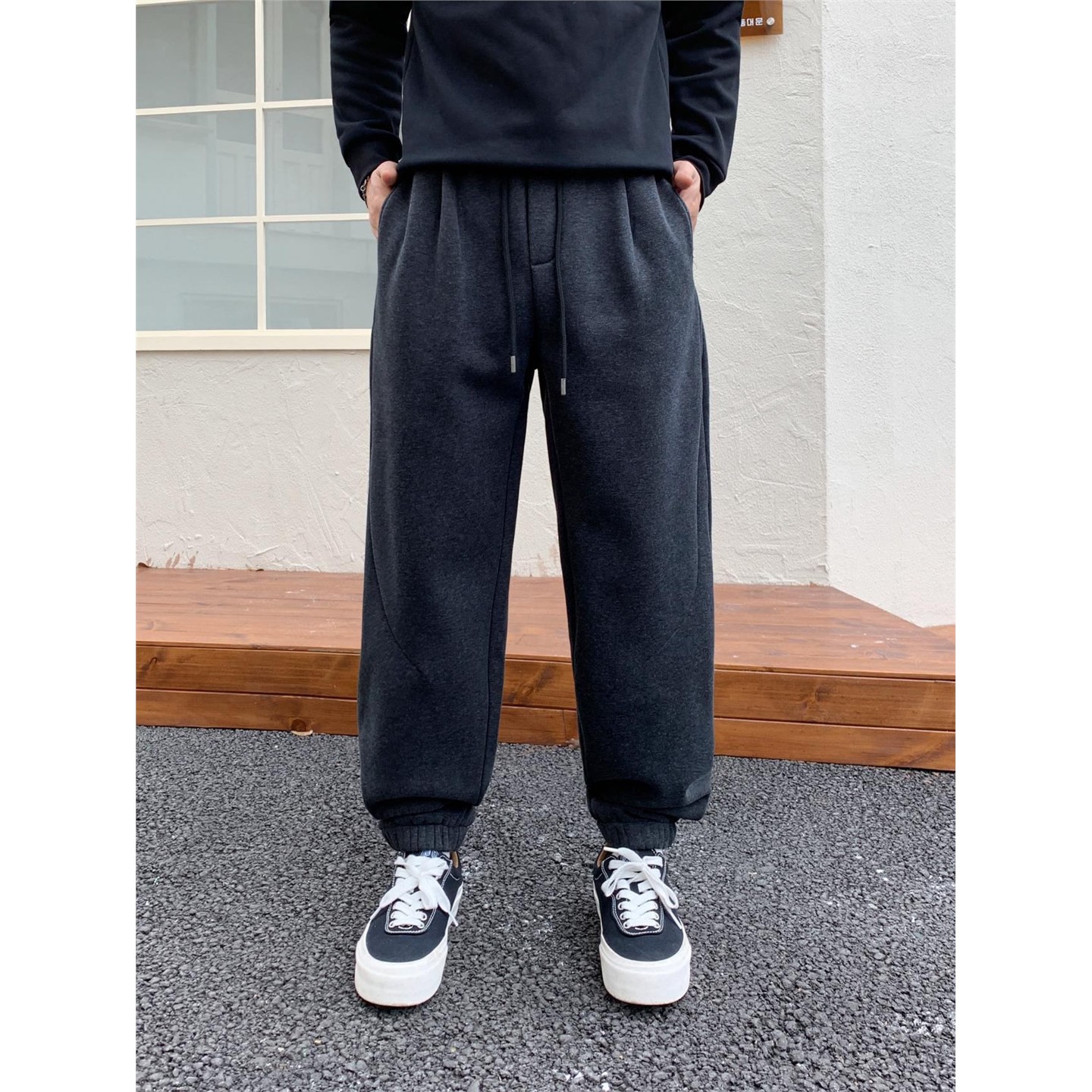 简约百搭加绒加厚运动休闲裤男冬季美式宽松通勤显瘦针织束脚卫裤