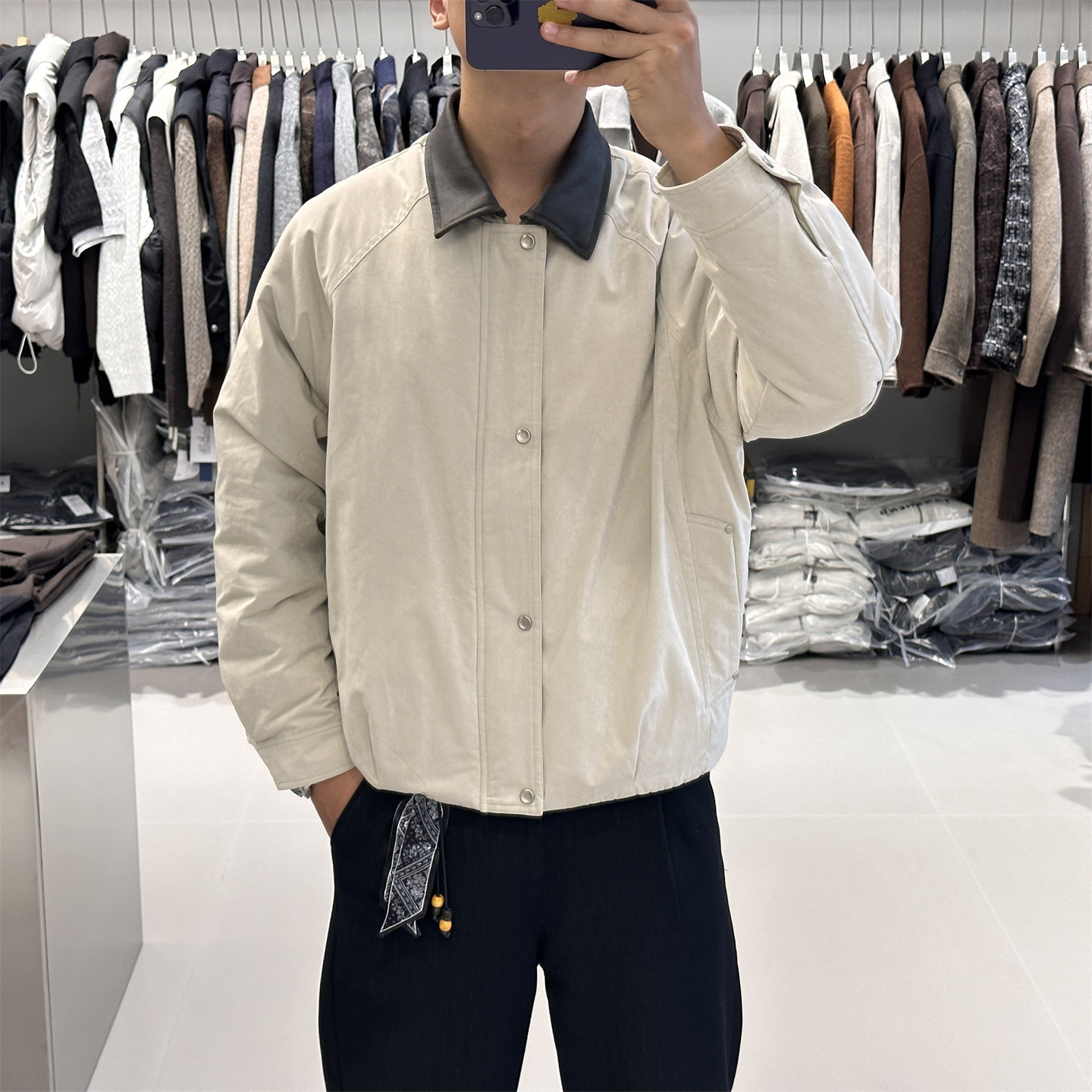 Pu皮领拼接翻领短款羽绒服男冬季轻薄款保暖90鸭绒通勤羽绒外套潮