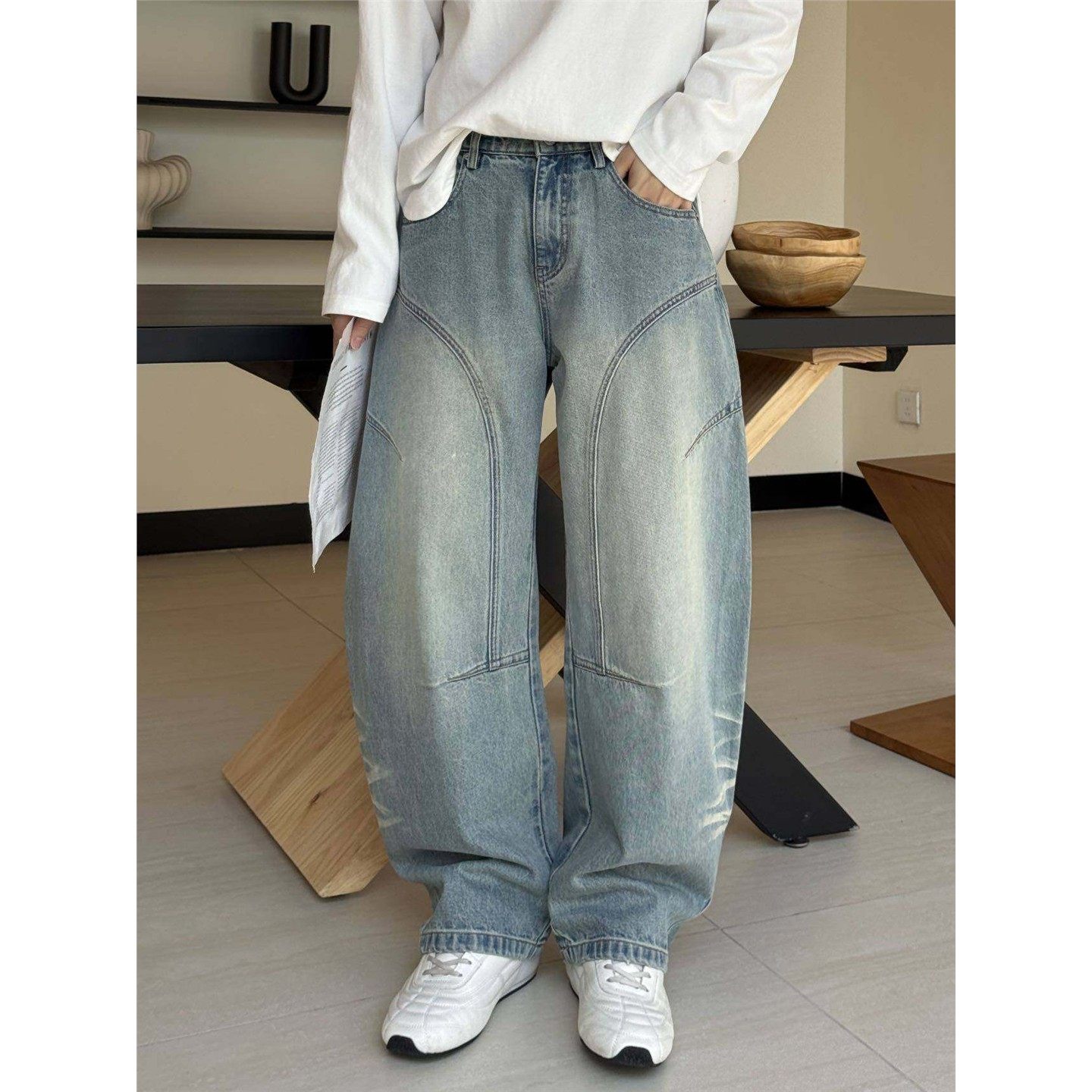 互道春季新款美式复古立体裁剪弯刀牛仔裤男潮牌宽松直筒阔腿长裤,男装,休闲裤,淘宝优惠券,粉丝福利购,淘宝优惠卷