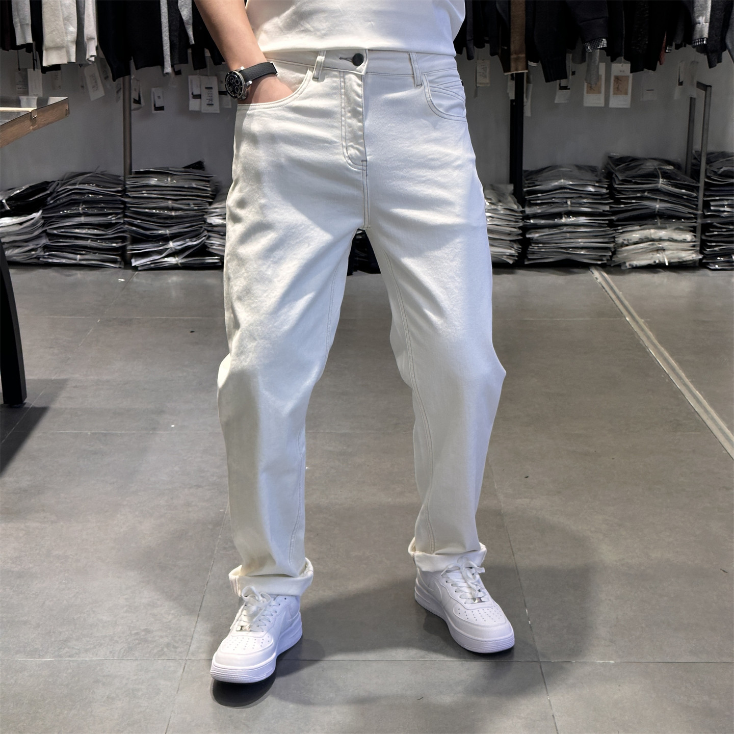 MOODKEE春夏新款白色牛仔裤男潮牌韩版修身弹力小脚裤显瘦长裤潮