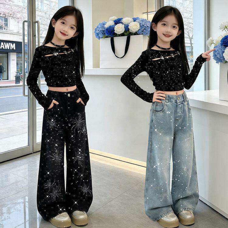 女童韩版烟花烫钻牛仔裤春秋季2026新款中大儿童洋气时髦阔腿裤子