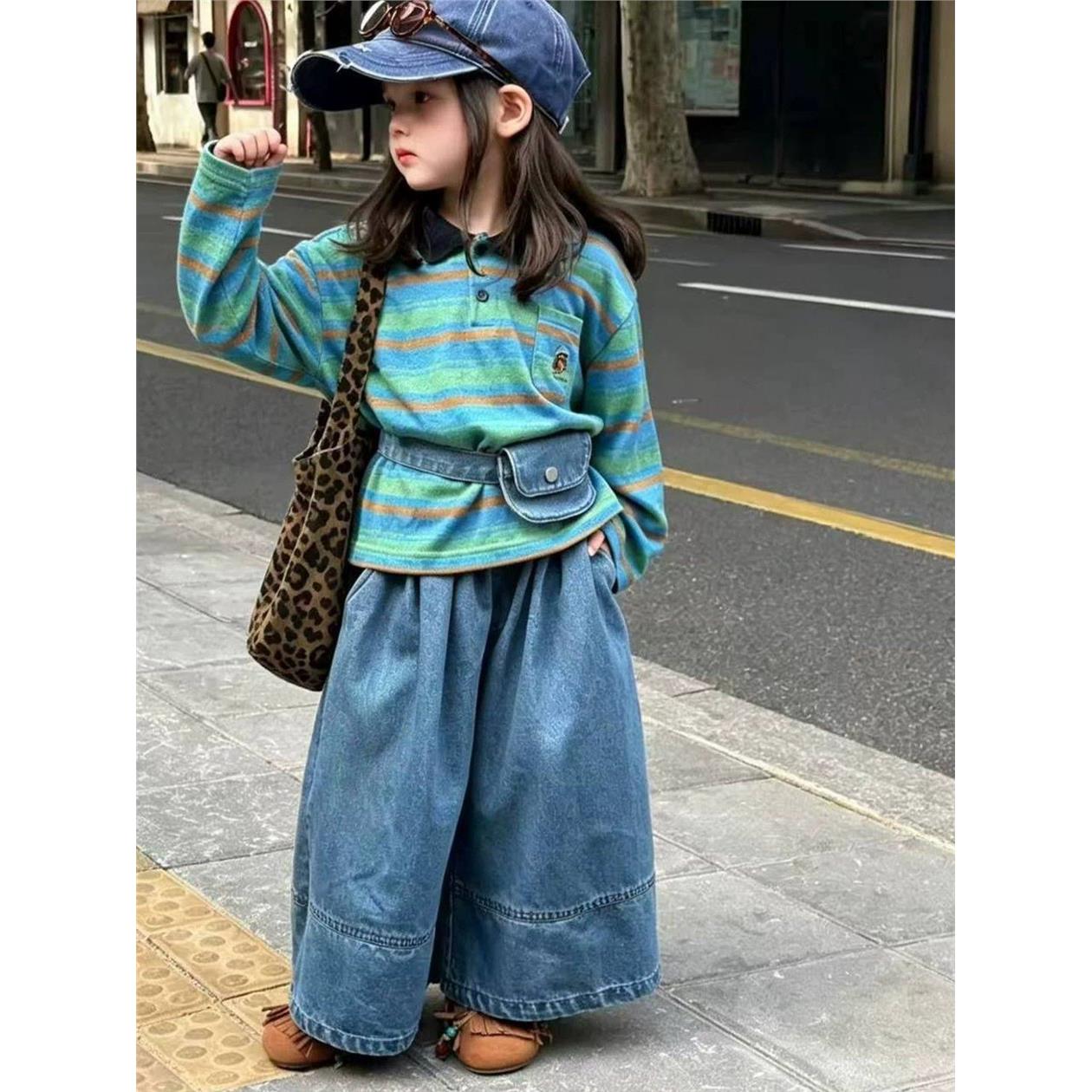 女宝韩版套装2026新款春秋季儿童彩色条纹polo衫长袖牛仔阔腿裤子