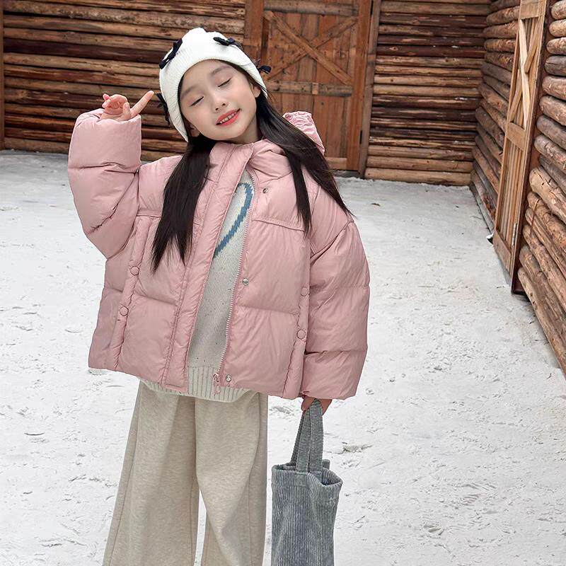 女童冬季羽绒棉服2025新款儿童韩版纯色连帽上衣女宝冬装面包外套