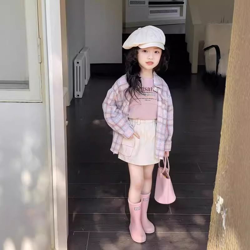 女童夏装格子衬衫新款儿童高级上衣长袖衬衣洋气百搭背心工装裙裤