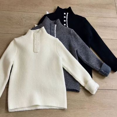 女童半高领一体绒加厚毛衣秋冬季2025新款儿童女孩内搭打底针织衫