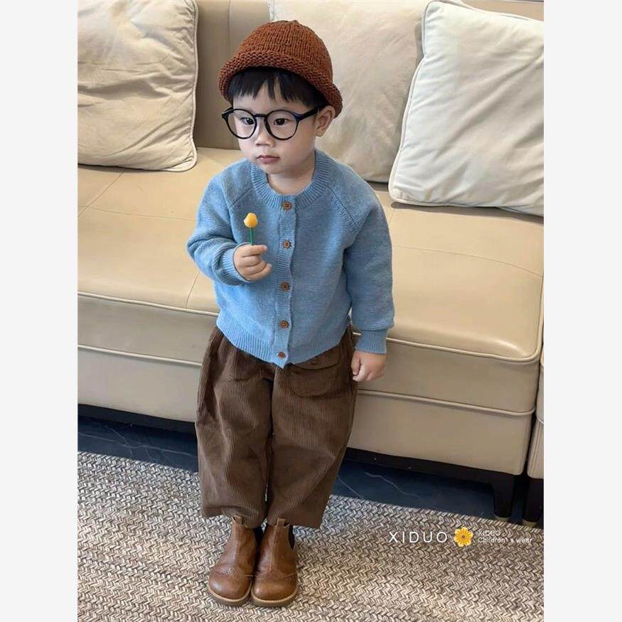 韩国童装205秋冬新款海蓝色针织开衫男女童毛衣咖色灯芯绒裤套装