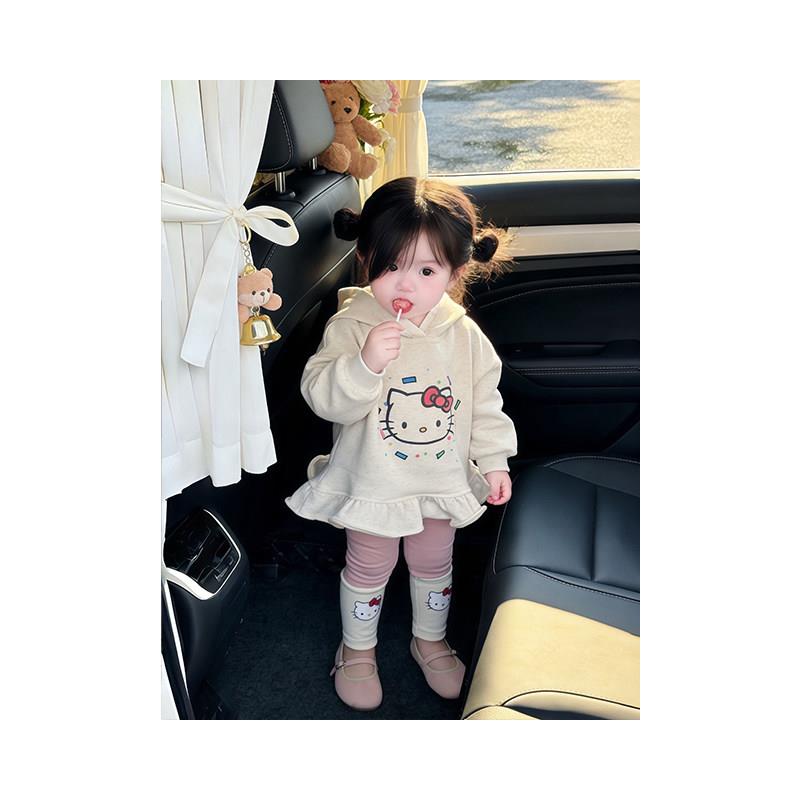 女宝宝秋装薄绒卫衣裙套装26新款儿童韩版巨好看连帽kt上衣打底裤
