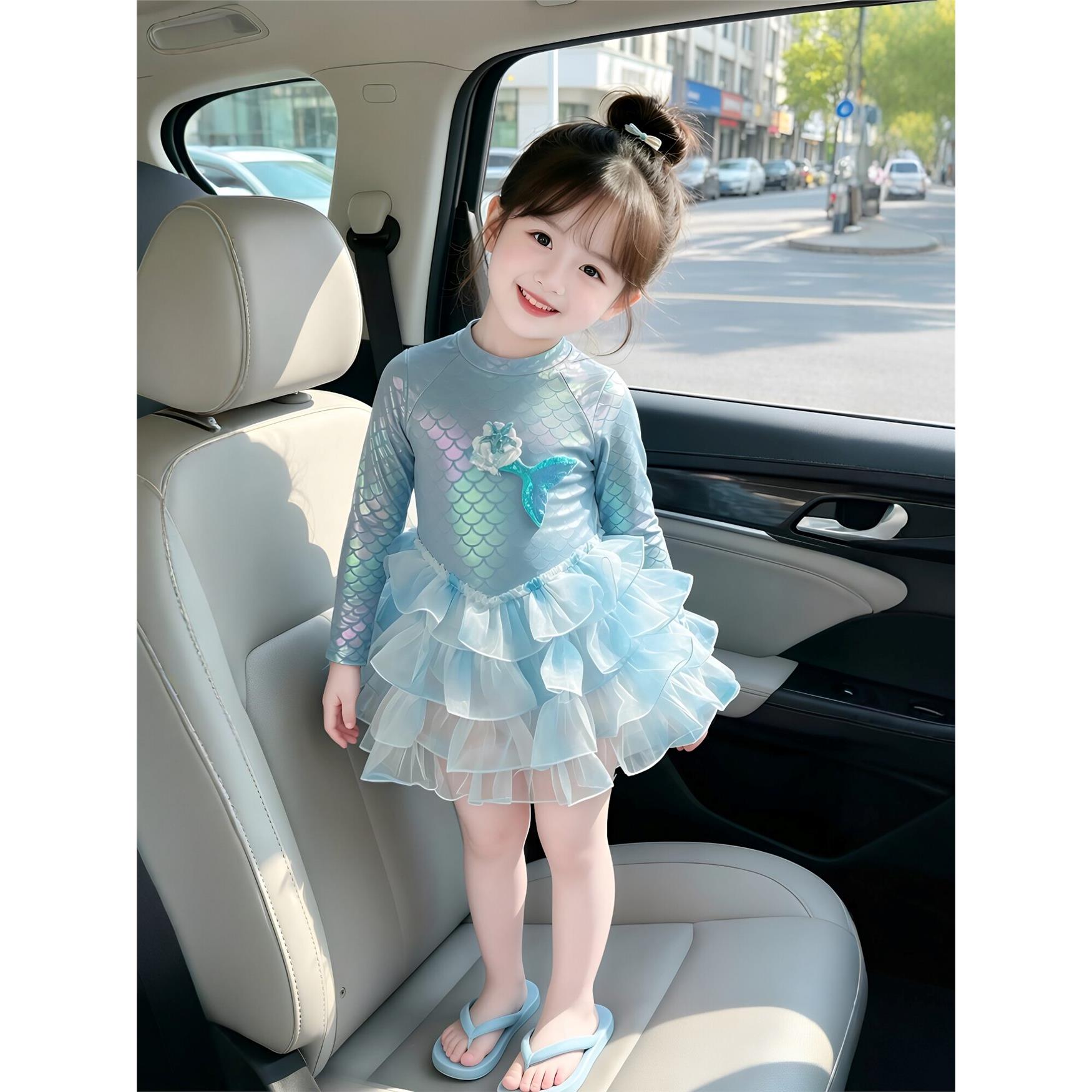 女童美人鱼长袖防晒泳衣儿童小女孩宝宝连体防走光游泳衣网纱泳装