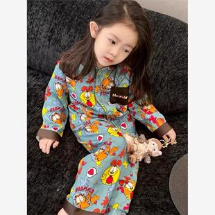 女宝睡衣套装2025新款春秋季儿童加菲猫卡通满印家居服长袖两件套