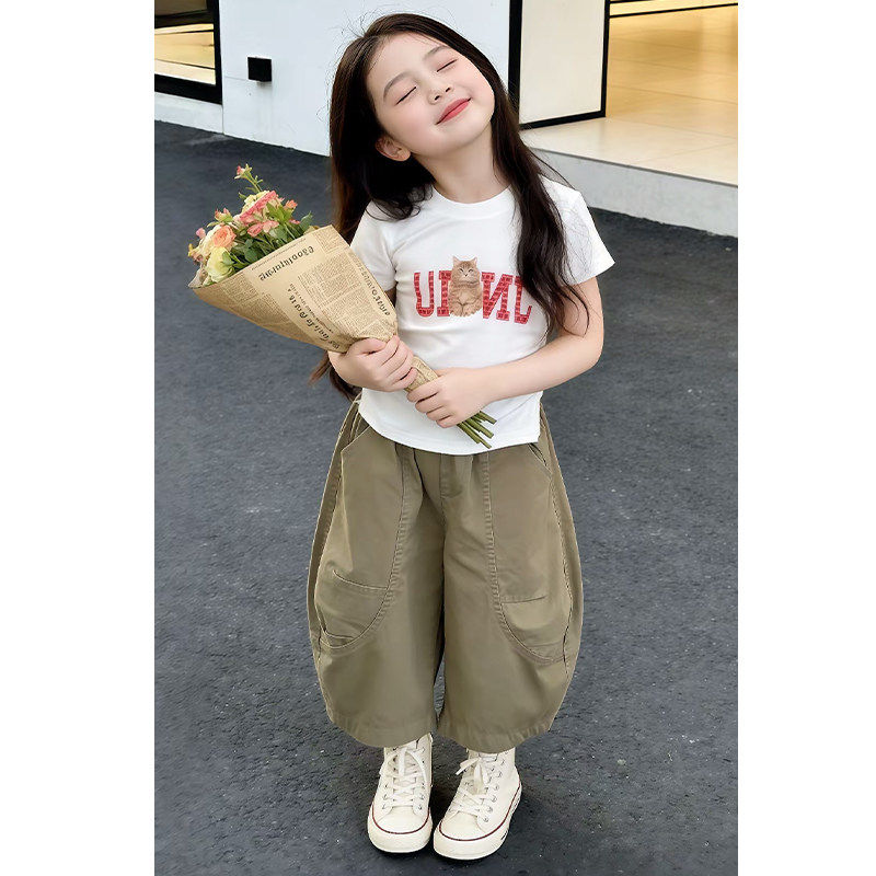 女童套装2026新款夏季儿童女孩洋气卡通正肩短袖T恤弯刀裤两件套
