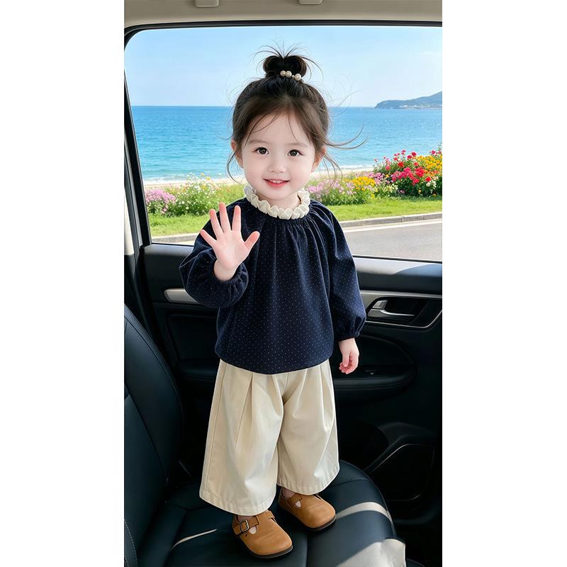 女童春秋季套装26新款儿童宝宝洋气长袖碎花蕾丝花边领衬衫休闲裤