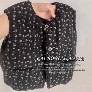 女宝森系复古碎花加厚马甲秋冬季2025新款儿童夹棉灯芯绒坎肩背心