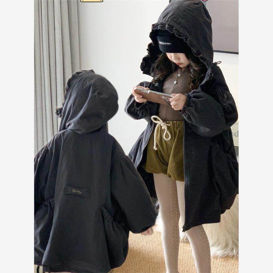 女童韩系两面穿碎花外套中长款秋季2025新款儿童连帽抽绳花边大衣