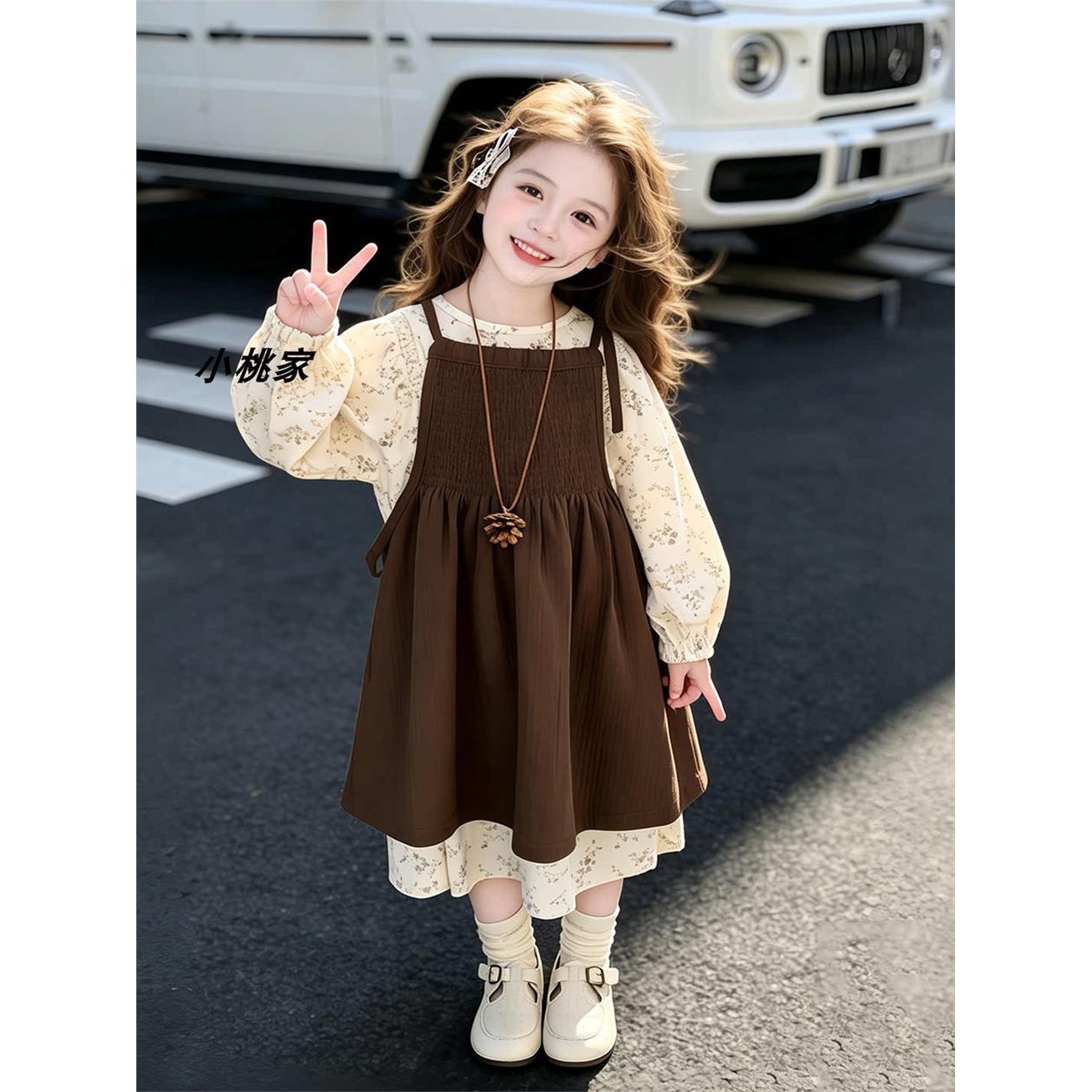 女宝森系美拉德风背带连衣裙套装秋季2026新款儿童碎花衬衫两件套