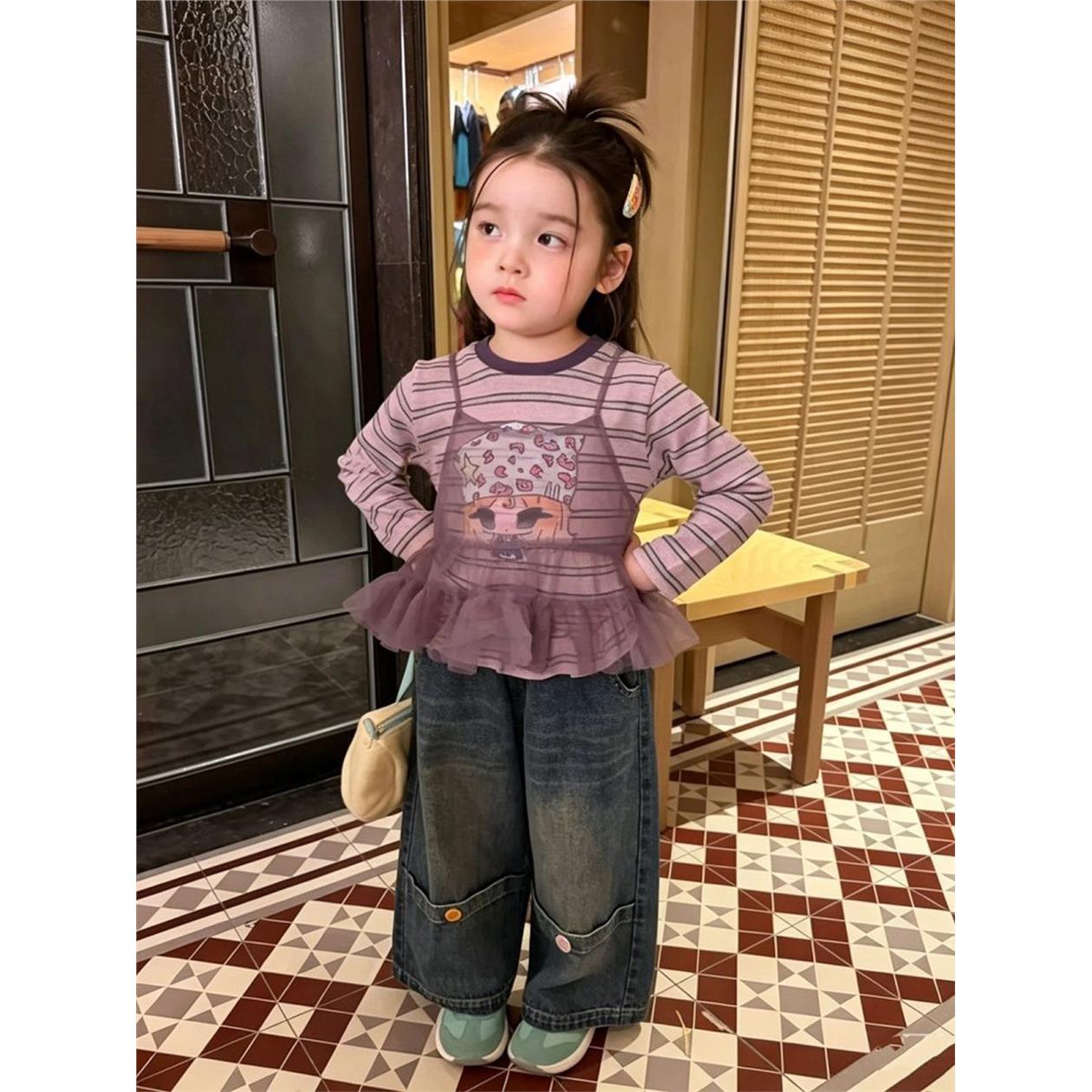 女宝韩系套装2026新款春秋季儿童洋气条纹长袖吊带网纱牛仔阔腿裤