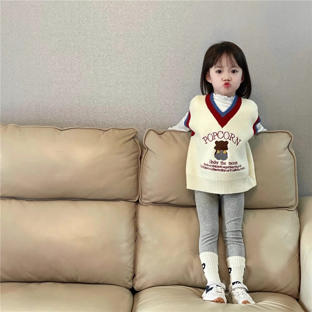 女童小熊针织马甲背心秋冬季儿童宝宝学院风韩范叠穿无袖坎肩秋装