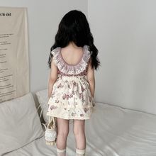 韩国童装2025夏季新款甜美粉色花边领挂脖背心女童碎花蛋糕半身裙