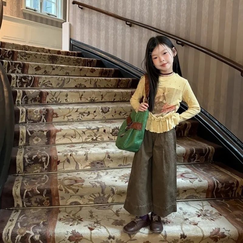女宝韩版套装2026新款春秋季儿童小熊设计感长袖T恤阔腿裤两件套