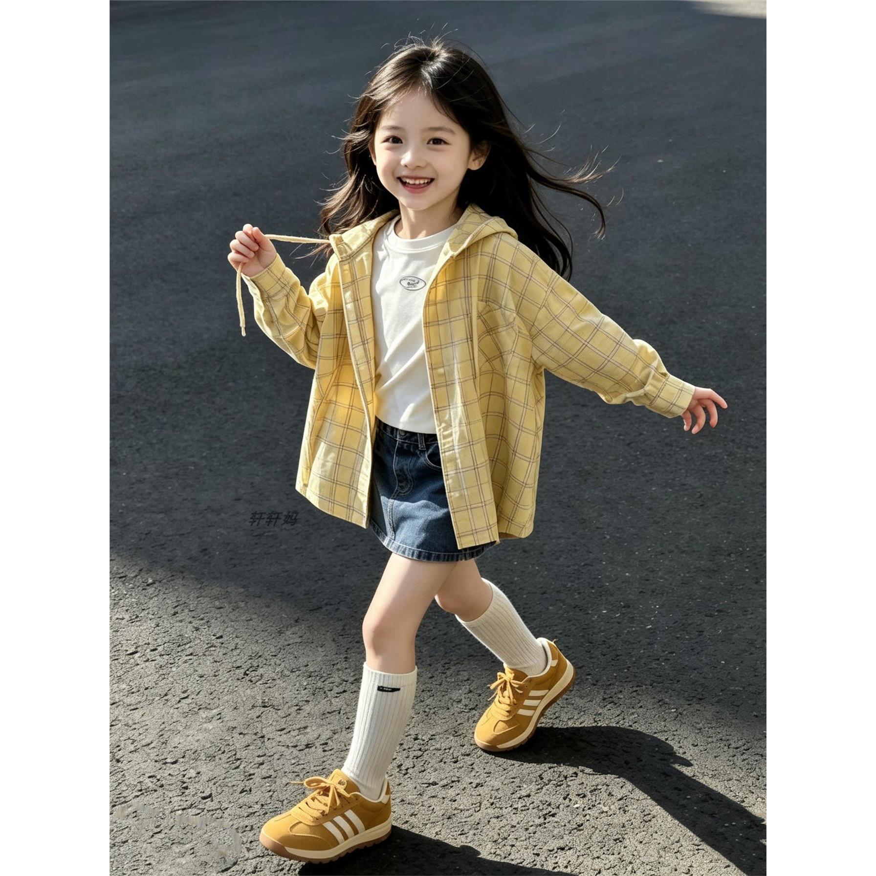 女童早秋黄色格子连帽衬衫外套2026新款儿童洋气巨好看薄开衫上衣