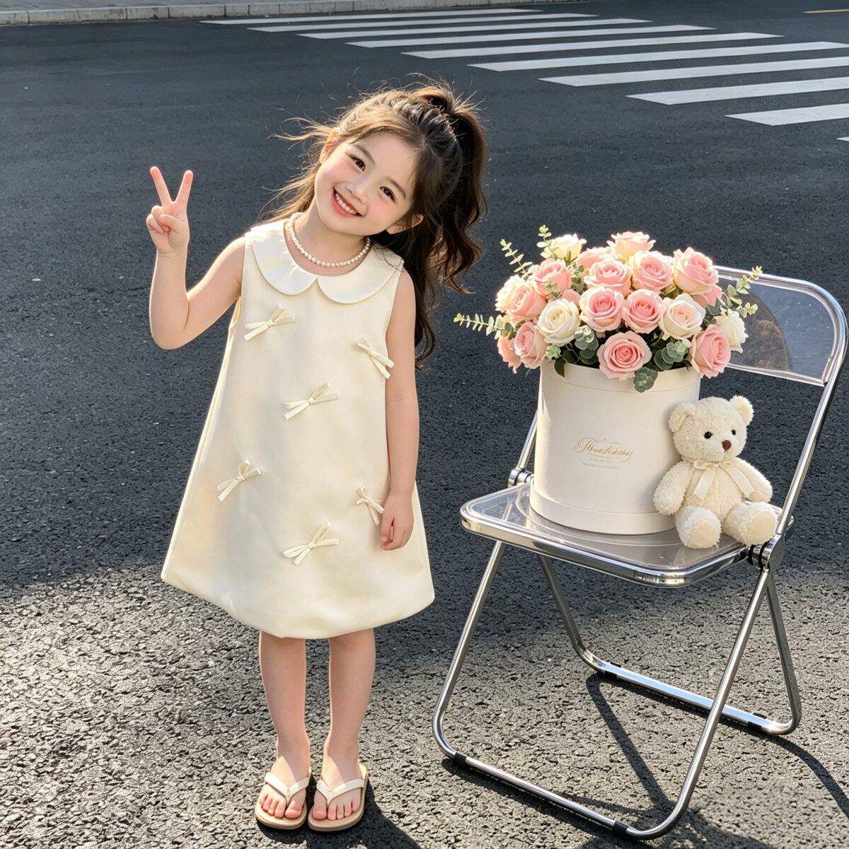 女童高级感连衣裙夏季儿童宝宝生日周岁礼服白色气质蝴蝶结公主裙