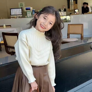 女童半高领木耳边毛衣秋冬季2025新款儿童宝宝加绒加厚针织衫上衣