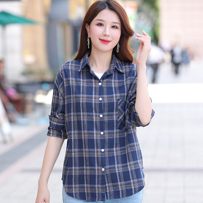 宽松格子长袖纯棉衬衫女